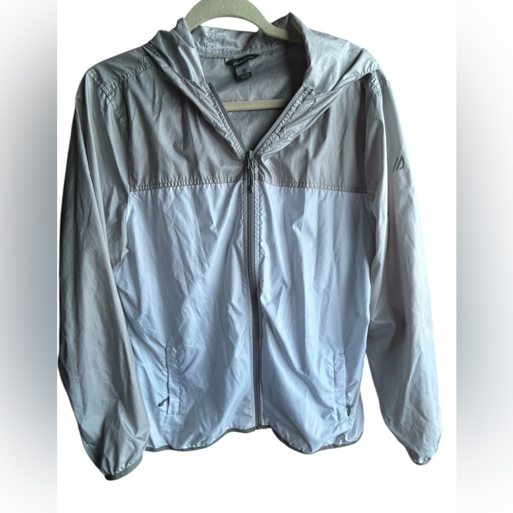 Eddie Bauer Women's Windbreaker Hooded Jacket Full Zip Gray/White Size XL